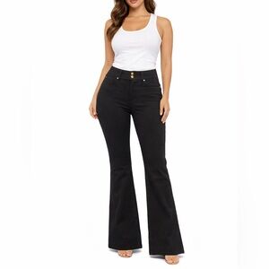 EUC Iman‎ Size 8 Long Black Flared Pants with Gold Buttons